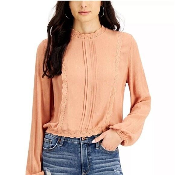 Self Esteem Juniors Pleated Lace Trim Blouse | | Long Sleeve shirt Toasted Nut - Picture 1 of 7